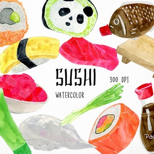 May include: Watercolor illustrations of sushi, including a maki roll, nigiri, sashimi, and a plate of rice. The set also includes a bottle of soy sauce, a tube of wasabi, and a plate of green onions. The text "SUSHI WATERCOLOR 300 DPI Pack 2" is included in the image.