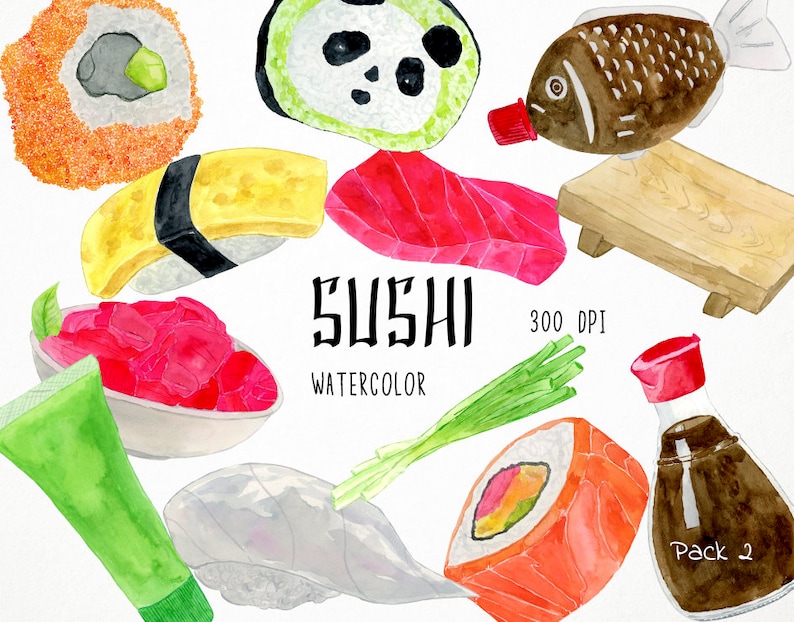 May include: Watercolor illustrations of sushi, including a maki roll, nigiri, sashimi, and a plate of rice. The set also includes a bottle of soy sauce, a tube of wasabi, and a plate of green onions. The text "SUSHI WATERCOLOR 300 DPI Pack 2" is included in the image.