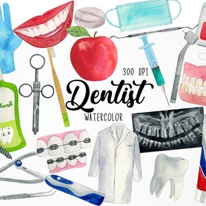 Watercolor Dentist Clipart, Dental Clipart, Odontologist Clipart, Dental Care Clipart, Tooth Clipart, Doctor Clipart, Dental Clinic Clipart
