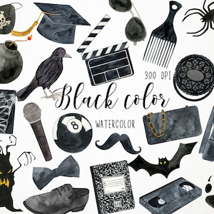 Watercolor Black Clipart, Black Color Clipart, Black Objects Clipart ...