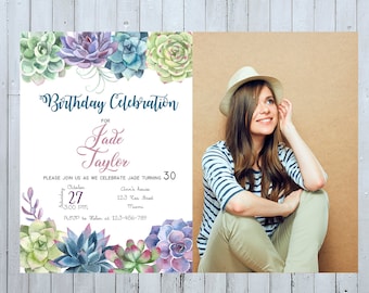 Succulent Birthday Invitation with Photo, Succulent Invitation, Succulent Invite, Adult Invitation, Cactus Adult Invitation, Cactus Invite