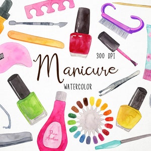 May include: A watercolour illustration featuring various manicure tools: nail polish bottles, a UV lamp, nail clippers, and a cuticle pusher. The word "Manicure" is written in cursive, with the text "Watercolor" below it.