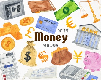 money clipart, watercolor money clipart, watercolor clipart money, piggy bank clipart, clipart money, payday clipart, dollar clipart, coin