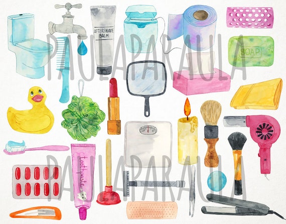 Watercolor Bathroom Clipart, Bathroom Supplies Clipart, Hygiene