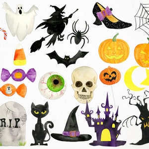 May include: A set of Halloween clip art illustrations featuring a witch, a ghost, a spider, a bat, a skull, a pumpkin, a candy cane, a candy corn, a tombstone, a black cat, a witch's hat, a castle, a tree, a crescent moon, a star, a spider web, a candy, an eye, and a shoe.