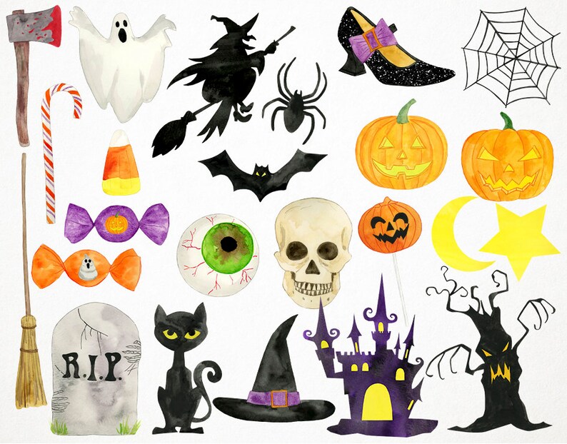 May include: A set of Halloween clip art illustrations featuring a witch, a ghost, a spider, a bat, a skull, a pumpkin, a candy cane, a candy corn, a tombstone, a black cat, a witch's hat, a castle, a tree, a crescent moon, a star, a spider web, a candy, an eye, and a shoe.