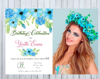 May include: Birthday party invitation with blue watercolor flowers and the text "Birthday Celebration for Yvette Evans". The invitation includes the date, time, and location of the party.
