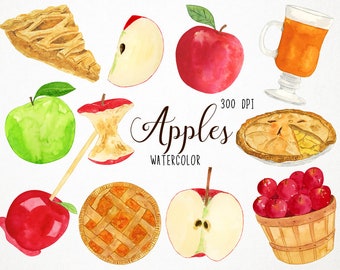 Apple Clipart, Watercolor Apple Clipart, Apple Picking Clipart, Apple Pie Clipart, Apple Cider Clipart, Fall Clipart, Autumn Clipart