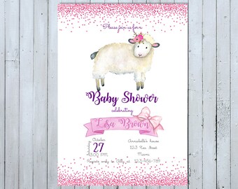 May include: A pink and white baby shower invitation featuring a watercolour illustration of a white sheep wearing a flower crown. The invitation includes the text "Please join us for a Baby Shower celebrating Lisa Brown" and details for the event.