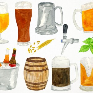 Puede incluir: Ilustraci&oacute;n de acuarela de varios art&iacute;culos relacionados con la cerveza, incluyendo botellas de cerveza, vasos, jarras, un grifo, un barril, l&uacute;pulo y trigo. Los art&iacute;culos est&aacute;n pintados en un estilo realista con un enfoque en el detalle.