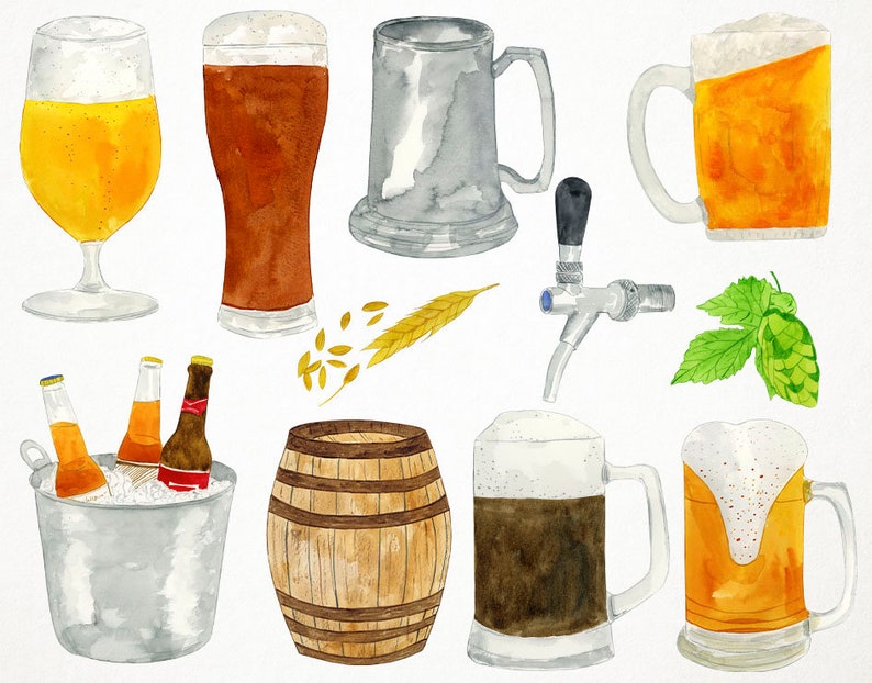 Puede incluir: Ilustraci&oacute;n de acuarela de varios art&iacute;culos relacionados con la cerveza, incluyendo botellas de cerveza, vasos, jarras, un grifo, un barril, l&uacute;pulo y trigo. Los art&iacute;culos est&aacute;n pintados en un estilo realista con un enfoque en el detalle.