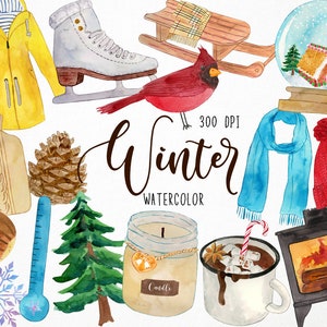 May include: Watercolor illustration featuring winter-themed items. Includes a yellow raincoat, ice skates, a red cardinal, a wooden sled, a snow globe, a blue scarf, a red hat, a hot water bottle, a pine cone, a thermometer, a Christmas tree, a candle, a mug of hot chocolate, and a fireplace. The word "Winter" is written in cursive.