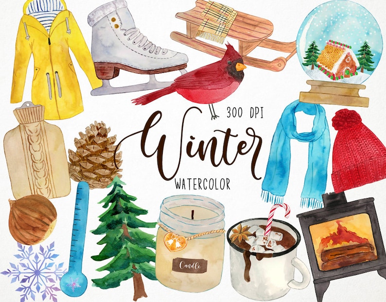 May include: Watercolor illustration featuring winter-themed items. Includes a yellow raincoat, ice skates, a red cardinal, a wooden sled, a snow globe, a blue scarf, a red hat, a hot water bottle, a pine cone, a thermometer, a Christmas tree, a candle, a mug of hot chocolate, and a fireplace. The word "Winter" is written in cursive.
