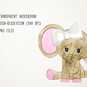 Puede incluir: Una ilustraci&oacute;n de acuarela de un elefante marr&oacute;n con orejas y pies rosados. El elefante lleva un lazo blanco y tiene una expresi&oacute;n dulce en su rostro.