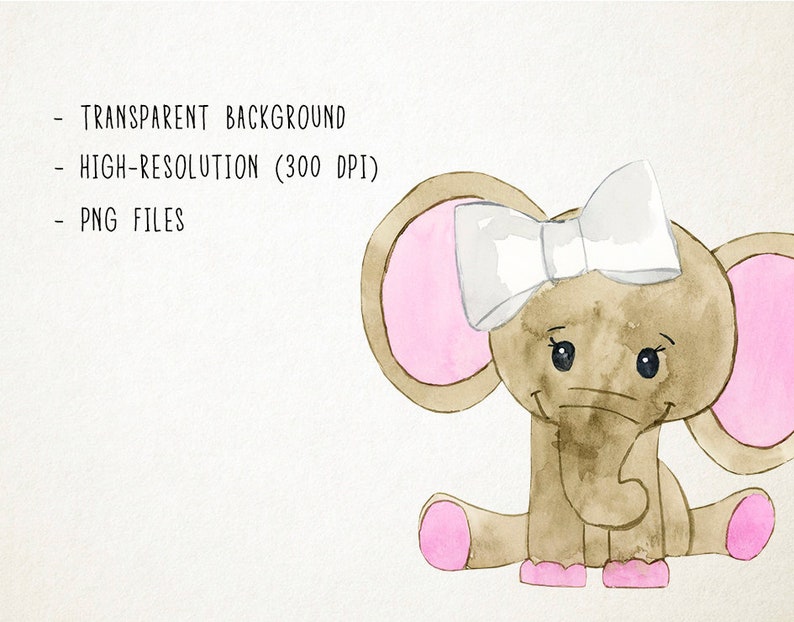 Puede incluir: Una ilustraci&oacute;n de acuarela de un elefante marr&oacute;n con orejas y pies rosados. El elefante lleva un lazo blanco y tiene una expresi&oacute;n dulce en su rostro.