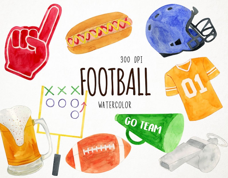 Pode incluir: Ilustra&ccedil;&otilde;es de aquarela de itens para o dia do jogo de futebol americano, incluindo uma bola de futebol, uma camisa, um capacete, uma caneca de cerveja, um cachorro-quente, um dedo de espuma, um apito, um megafone e um diagrama de jogo. O texto "300 DPI FOOTBALL WATERCOLOR" est&aacute; inclu&iacute;do na imagem.