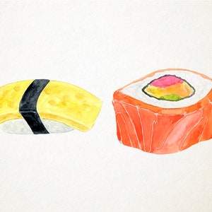May include: Two pieces of sushi, one with a yellow egg omelet topping and the other with a pink and green filling wrapped in salmon.