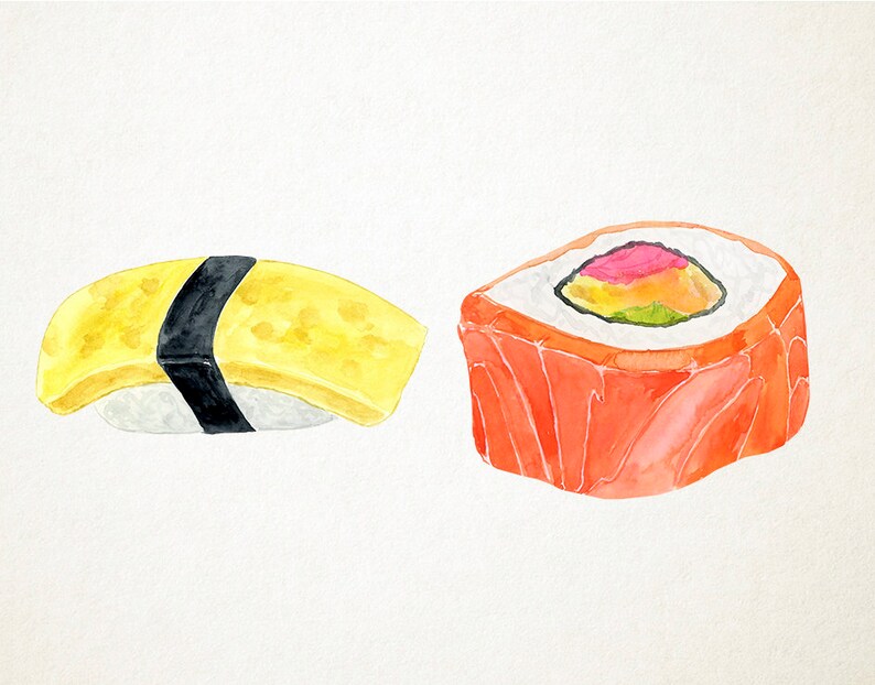 May include: Two pieces of sushi, one with a yellow egg omelet topping and the other with a pink and green filling wrapped in salmon.
