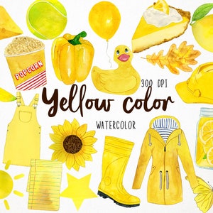 Puede incluir: Ilustraciones de acuarela de varios objetos amarillos, incluyendo un plátano, un limón, un girasol, un pato de goma, un impermeable, una rebanada de pastel de limón, un casco de obra, un tarro de limonada, un cuaderno, una estrella, un sol, una pelota de tenis, un trozo de queso, un cubo de palomitas de maíz, un pimiento, un par de botas de lluvia y un mono. El texto "Yellow Color Watercolor" está escrito en el centro de la imagen.