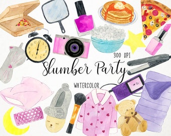 Watercolor Slumber Party Clipart, Pajamas Party Clipart, Sleep Over Clipart, Sleepover Clipart, Slumber Party Clip Art, Makeover Party