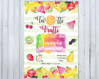 May include: A colorful invitation for a "Two-tti Frutti" party for a child turning two. The invitation features a watercolor design with various fruits, including strawberries, bananas, kiwi, and watermelon. The text on the invitation reads "Come party with our cutie! Amanda is turning two!" and includes the date, time, and location of the party.