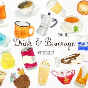 Watercolor Drinks Clipart, Watercolor Beverages Clipart, Drinks Clip Art, Beverages Clip Art, Alcoholic Drinks Clipart, Soft Drinks Clipart