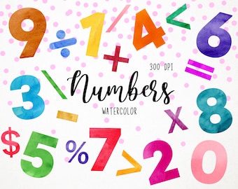 Watercolor Numbers Clipart, Numbers Graphics, Maths Clipart, Algebra Clipart, School Clipart, Arithmetic Clipart, Numbers Illustration