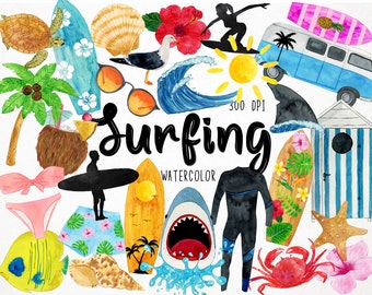 Watercolor Surfing Clipart, Surf Clipart, Surfboard Clipart, Swim Clipart, Summer Clipart, Beach Clipart, Ocean Clipart, Wave Clipart