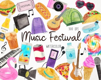 Watercolor Music Festival Clipart, Music Festival Graphics, Summer Clipart, Vacation Clipart, Concert Clipart, Holiday Clipart Music Clipart