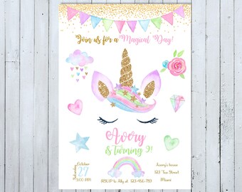 May include: A colorful invitation for a unicorn-themed birthday party. The invitation features a sparkly unicorn with a rainbow mane and a gold horn. The text on the invitation reads "Join us for a Magical Day!" and "Avery is Turning 9!"