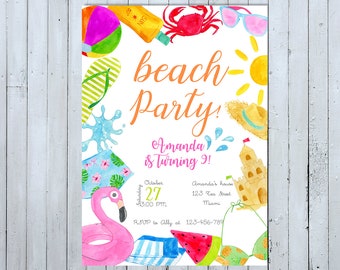 May include: A colorful beach party invitation with a pink flamingo float, a watermelon slice, and a sandcastle. The text reads "beach party! Amanda is turning 9!" with details for the party, including the date, time, and location.