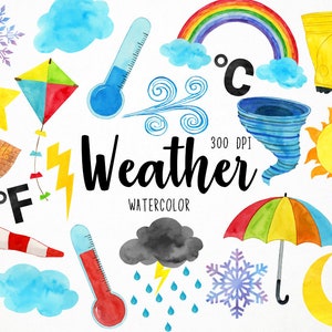Watercolor Weather Clipart, Weather Graphics, Weather Illustration, Weather Doodles, Seasons Clipart, Thermometer Clipart, Tornado, Umbrella
