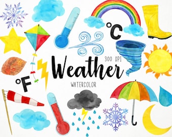 Watercolor Weather Clipart, Weather Graphics, Weather Illustration, Weather Doodles, Seasons Clipart, Thermometer Clipart, Tornado, Umbrella