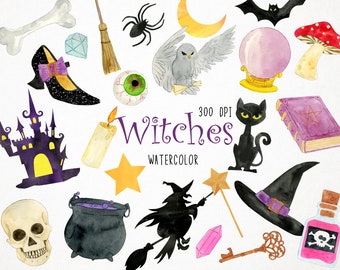 halloween clipart, magic clipart, halloween clip art, witch clipart, wizard clipart, occult clip art, watercolor witch, watercolor halloween