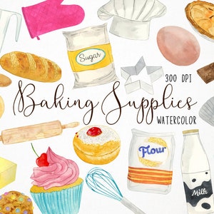 Watercolor Cooking Clipart, Baking Clipart, Kitchen Clipart, Baking Supplies Clipart, Baking Clip Art, Food Clipart, Ingredients Clipart