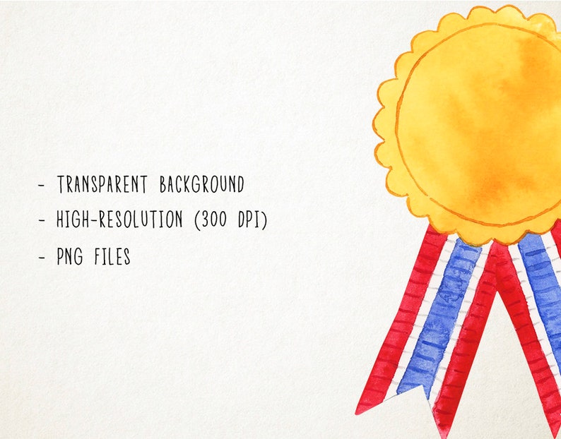 May include: A watercolor illustration of a gold medal with a red, white, and blue ribbon. The medal is round and has a scalloped edge. The ribbon is tied in a bow.