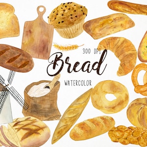 May include: Watercolor illustration of various types of bread, including a loaf of bread, a baguette, a croissant, a pretzel, a bun, a roll, and a slice of toast. The illustration also includes a windmill, a bag of flour, and a wooden cutting board. The text "Bread Watercolor 300 DPI" is included in the image.