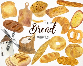 Watercolor Bread Clipart, Bread Graphics, Bakery Clipart, Baker Clipart, Baking Clipart, Breakfast Clipart, Bread Illustration, Bread Vector