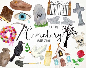 Watercolor Cemetery Clipart, Tombstone Clipart, Funeral Clipart, Burial Clipart, Halloween Clipart, Gothic Clipart, Gravestone Clipart