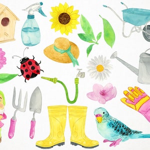 May include: Watercolor illustration of gardening elements. Includes a birdhouse, spray bottle, sunflower, hat, wheelbarrow, watering can, flowers, ladybug, hose, gnome, gardening tools, boots, gloves, and a parakeet. The items are in various colors.
