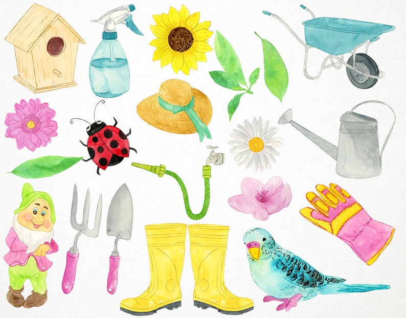 May include: Watercolor illustration of gardening elements. Includes a birdhouse, spray bottle, sunflower, hat, wheelbarrow, watering can, flowers, ladybug, hose, gnome, gardening tools, boots, gloves, and a parakeet. The items are in various colors.