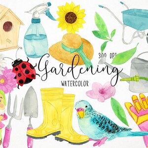 May include: Watercolor illustration featuring gardening elements. Includes a birdhouse, spray bottle, sunflower, straw hat, ladybug, flowers, gnome, gardening tools, yellow boots, wheelbarrow, watering can, gloves, and a parakeet. The word "Gardening" is written in cursive.