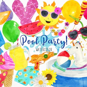 Op de afbeelding: Waterverf illustraties van poolparty-thema artikelen, waaronder een gele zon met een zonnebril, een watermeloenplak, een opblaasbaar groen eenhoorn, een blauw zwembad, een roze flamingo drijver, een geel waterpistool, een roze ijshoorn, een blauwe badpak, een groene limoen, een gele limonade pot, een rood-blauwe strandbal, een roze-witte stippen bikini, een blauwe en witte bloemen zwembroek, een roze-witte stippen bikini onderkant, een gele zonnebloem, een witte madeliefje en een roze ballon met een snoepstok.
