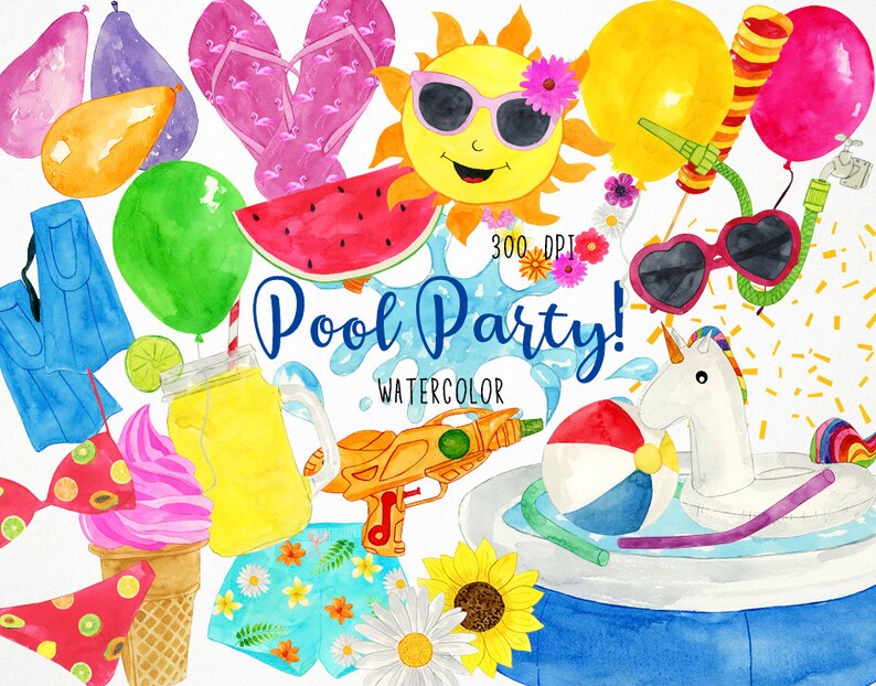 Op de afbeelding: Waterverf illustraties van poolparty-thema artikelen, waaronder een gele zon met een zonnebril, een watermeloenplak, een opblaasbaar groen eenhoorn, een blauw zwembad, een roze flamingo drijver, een geel waterpistool, een roze ijshoorn, een blauwe badpak, een groene limoen, een gele limonade pot, een rood-blauwe strandbal, een roze-witte stippen bikini, een blauwe en witte bloemen zwembroek, een roze-witte stippen bikini onderkant, een gele zonnebloem, een witte madeliefje en een roze ballon met een snoepstok.