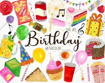 Watercolor Birthday Clipart, Happy Birthday Clipart, Birthday Party Clipart, Birthday Cake Clipart, Celebration Clipart, Kids Birthday