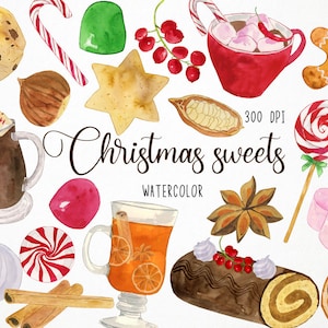 Clipart de doces de Natal em aquarela, clipart de folhas de Natal, clipart de guloseimas de Natal, clipart de guloseimas de Natal, clipart de comida de Natal, comida de inverno