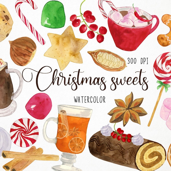 Watercolor Christmas Sweets Clipart, Xmas Sheets Clipart, Christmas Treats Clipart, Xmas Treats Clipart, Christmas Food Clipart, Winter Food