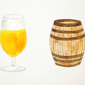 Puede incluir: Un vaso de cerveza amarillo claro con una cabeza blanca y un barril de madera con rayas marrones y beige.