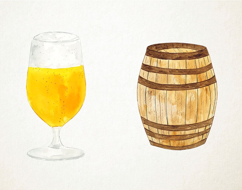 Puede incluir: Un vaso de cerveza amarillo claro con una cabeza blanca y un barril de madera con rayas marrones y beige.