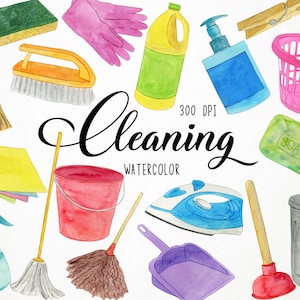 Watercolor Cleaning Clipart, Home Chores Clipart, House Chores Clipart, Cleanup Clipart, Cleaning Supplies Clipart, Laundry Clipart